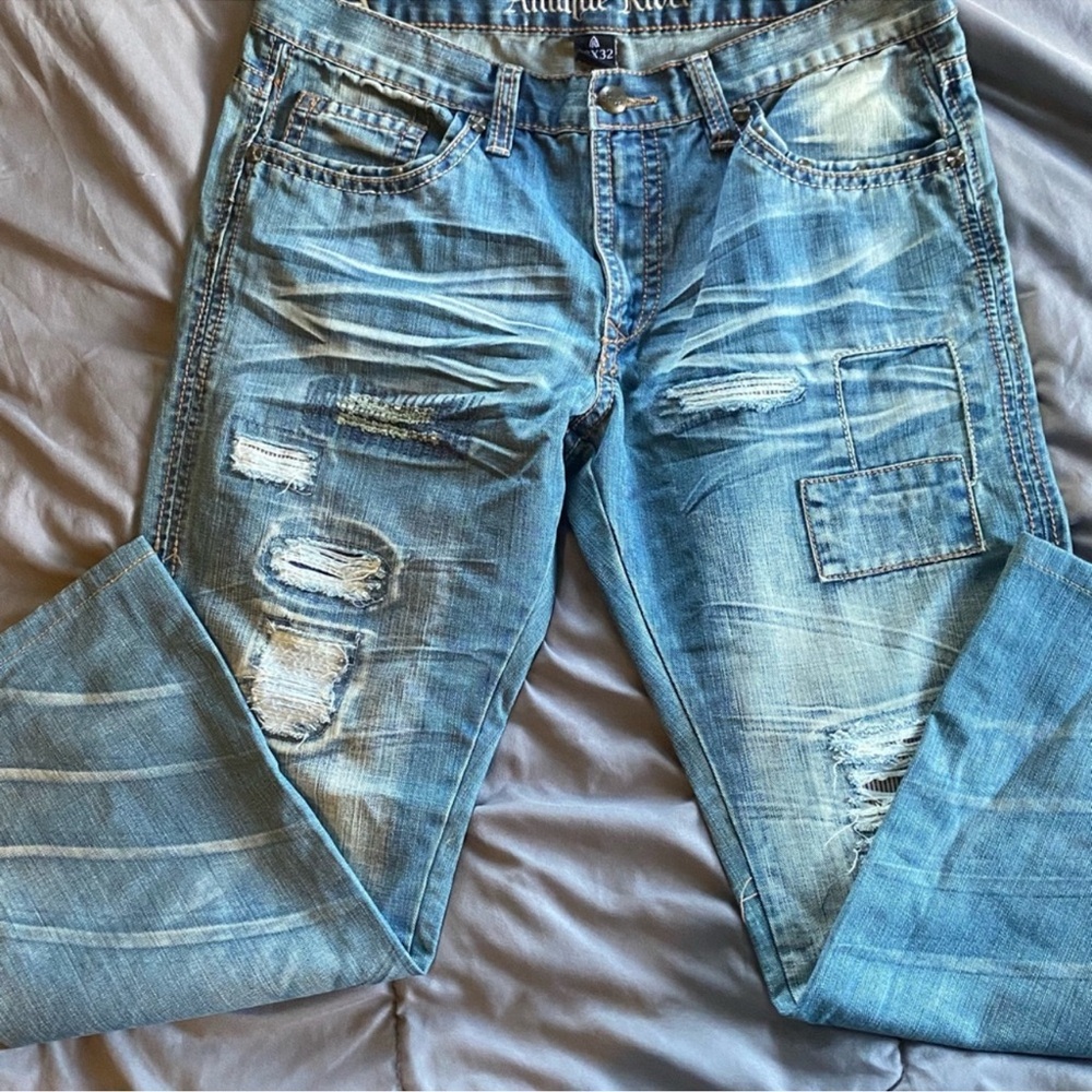 Antique Rivet Relaxed Blue Distressed Jeans
